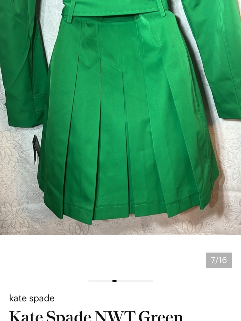 kate spade Bright Green Double-Breasted Trench Coat Pleated Back - Picture 4 of 12
